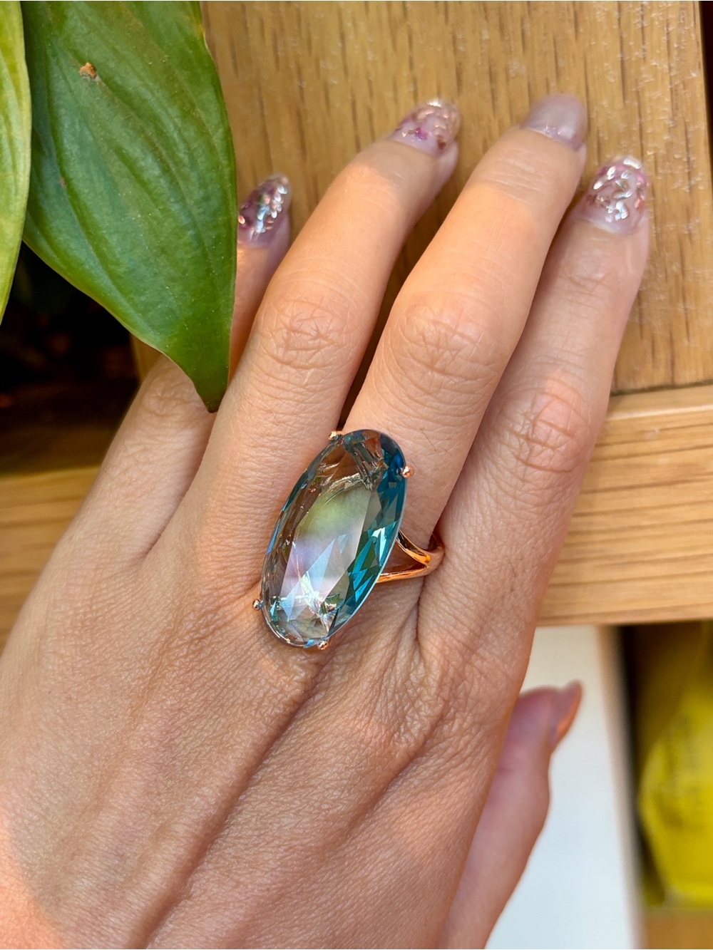 New Rose Gold Plated Oval Simulated Aquamarine Cocktail Ring S925 Size 8